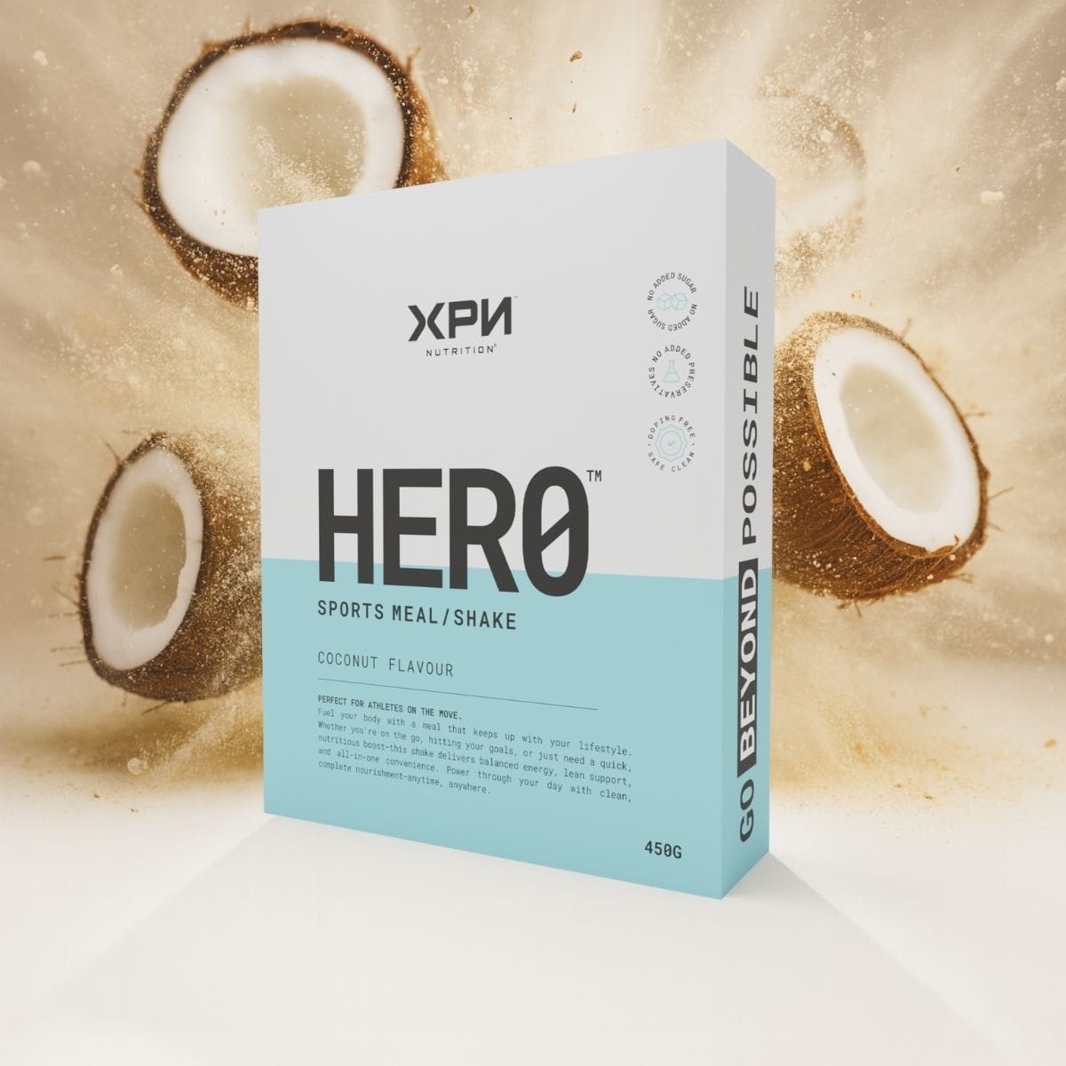 XPN Nutrition Hero cereal and meal replacement combo with six boxes of meal replacement shakes, showing colorful packaging.